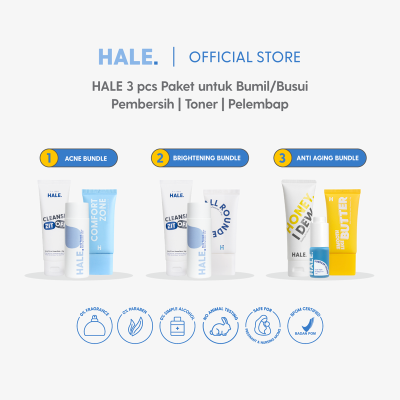 HALE 3 pcs Paket Skincare Bumil Busui | Pembersih, Toner/Serum, dan Pelembap